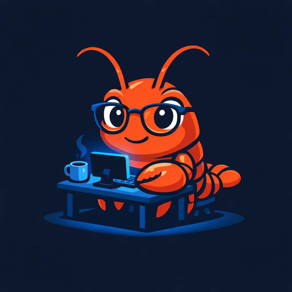 ClawCo mascot — a lobster at a workstation